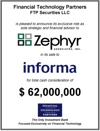 Zephyr's Sale to Informa for $62 mm